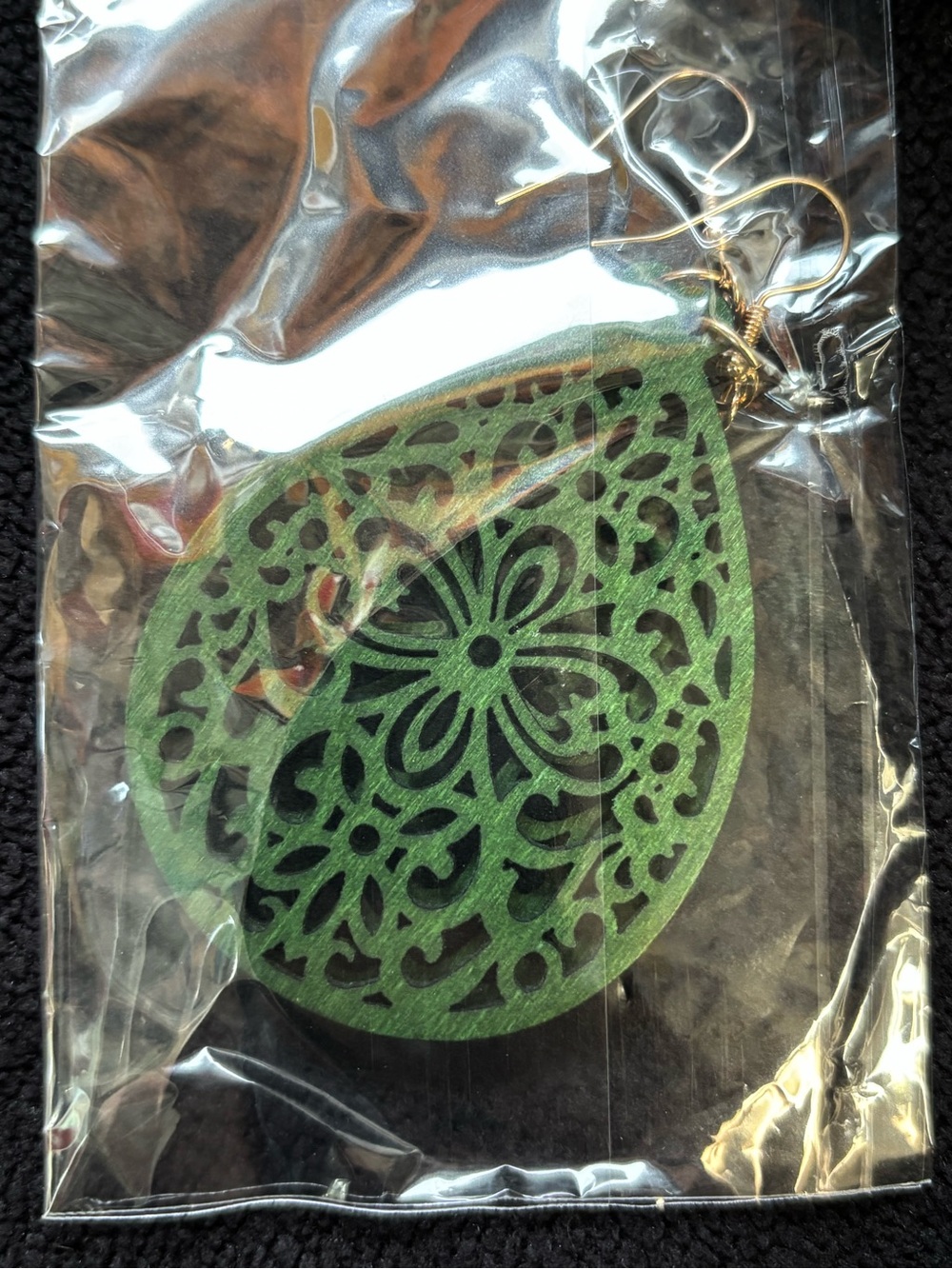 Green Teardrop Filigree Women's Earrings with Gold Hooks
